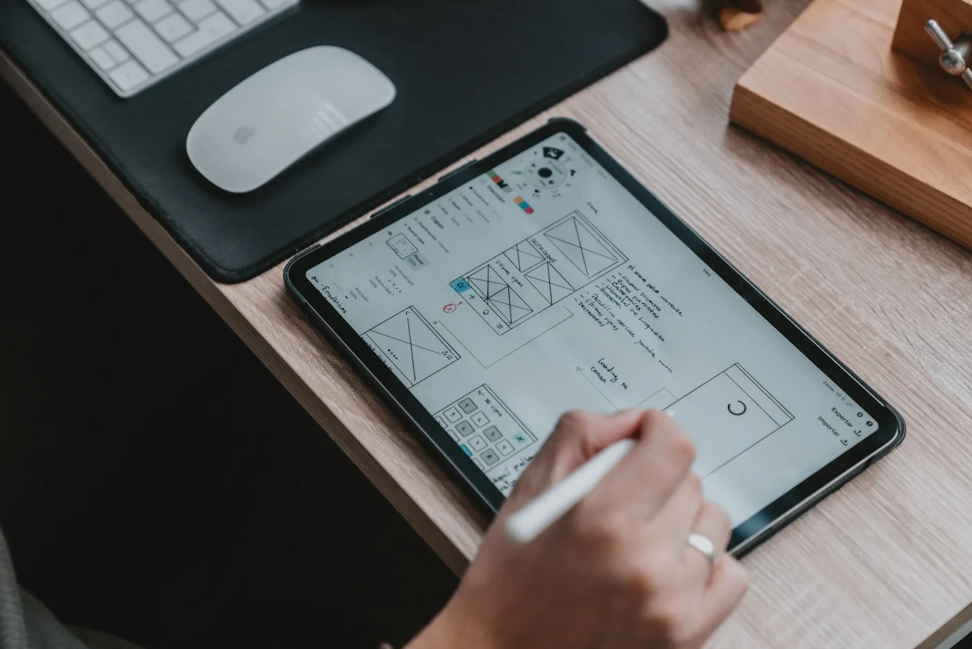 Hand using a stylus on a tablet to sketch a custom digital interface