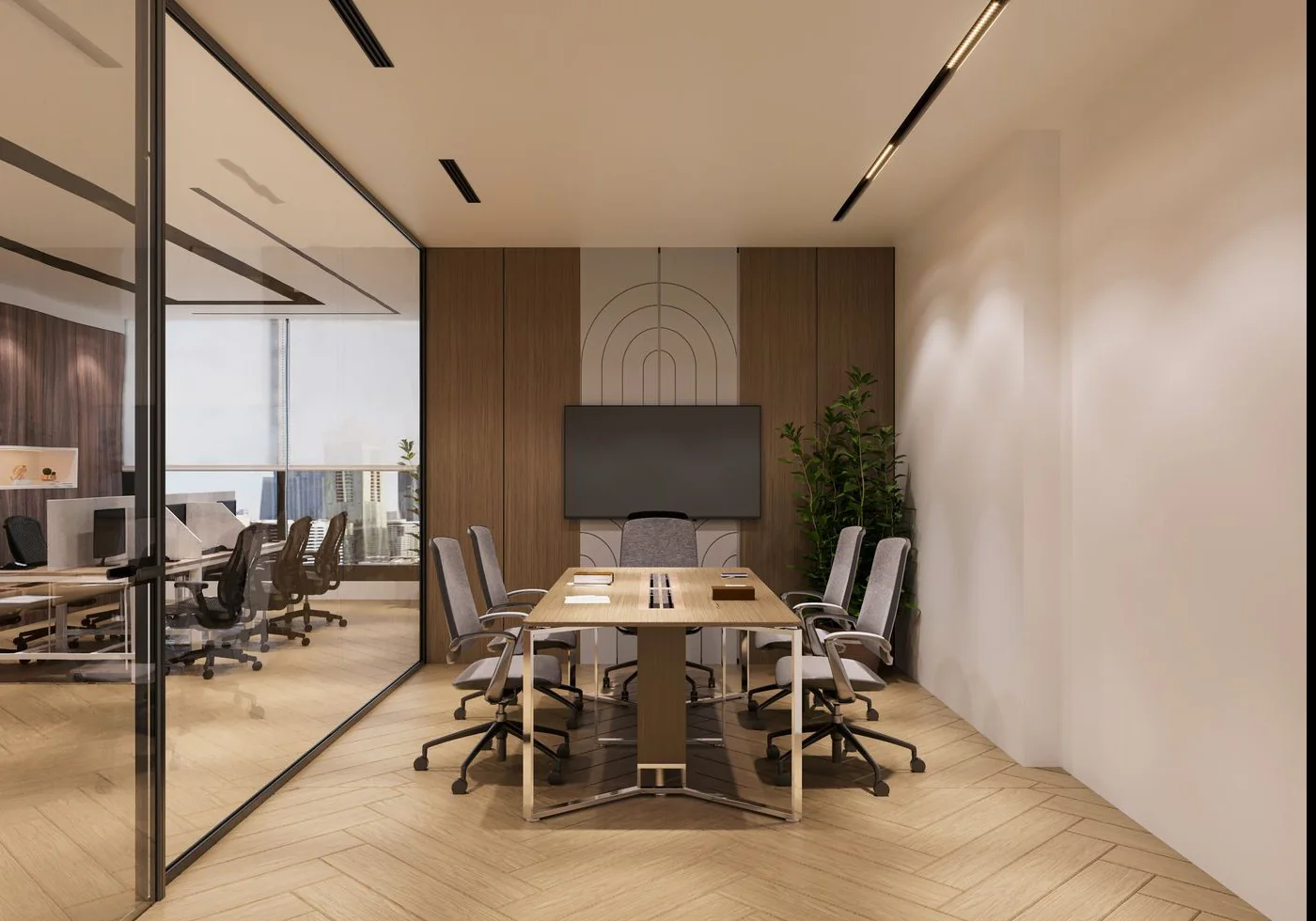 Contemporary conference room with a wall-mounted display and integrated table connections